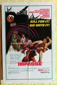 1r416 IMPASSE 1sh '69 cool action art of Burt Reynolds kicking thug in the face, Anne Francis!