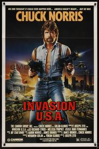1r434 INVASION U.S.A. 1sh '85 great artwork of Chuck Norris with machine guns by Watts!