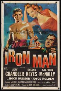 1r441 IRON MAN 1sh '51 art of barechested boxer Jeff Chandler with Evelyn Keyes & in boxing ring!