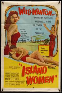 1r446 ISLAND WOMEN 1sh '58 voodoo, vice & violence, sexy tropical wild-wanton Marie Windsor!