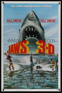 1r460 JAWS 3-D 1sh '83 great Gary Meyer shark artwork, the third dimension is terror!
