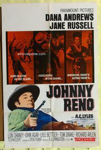 1r469 JOHNNY RENO 1sh '66 Dana Andrews, Jane Russell, wherever there's action, there's Johnny Reno
