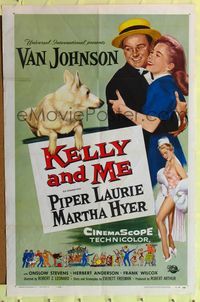 1r486 KELLY & ME 1sh '57 art of Van Johnson, Piper Laurie, sexy Martha Hyer & dog by Reynold Brown