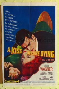 1r497 KISS BEFORE DYING 1sh '56 close up art of Robert Wagner & Joanne Woodward!