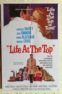 1r524 LIFE AT THE TOP 1sh '66 art of Laurence Harvey with sexy Jean Simmons & Honor Blackman!