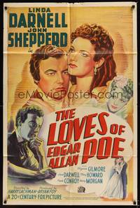 1r541 LOVES OF EDGAR ALLAN POE 1sh '42 Linda Darnell, Shepperd Strudwick as Poe, really cool art!