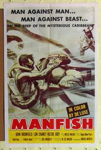 1r556 MANFISH 1sh '56 awesome artwork of scuba divers fighting each other & octopus!