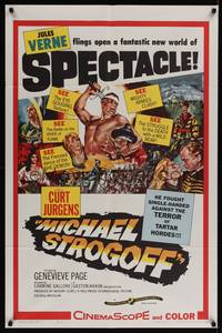 1r573 MICHAEL STROGOFF 1sh '60 barechested Curt Jurgens with sword, written by Jules Verne!
