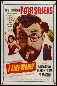 1r592 MR. TOPAZE 1sh '62 I Like Money, close-up of bearded Peter Sellers w/cigar, Nadia Gray!