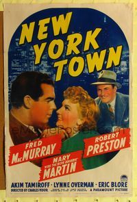 1r616 NEW YORK TOWN style A 1sh '41 Mary Martin between Fred MacMurray & Robert Preston!