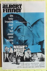 1r619 NIGHT MUST FALL style A 1sh '64 lusty brawling Albert Finney of Tom Jones goes psycho!