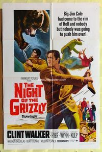 1r620 NIGHT OF THE GRIZZLY 1sh '66 big Clint Walker had come to the rim of Hell & held on!