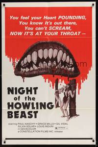 1r621 NIGHT OF THE HOWLING BEAST 1sh '77 Paul Naschy, art of bloody teeth & sexy girls in bondage!