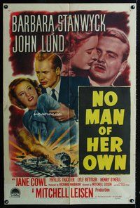 1r625 NO MAN OF HER OWN 1sh '50 Barbara Stanwyck, cool artwork of exploding train!