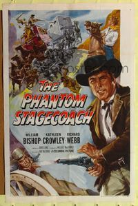 1r673 PHANTOM STAGECOACH 1sh '57 art of William Bishop shooting it out with bad guys by stage!