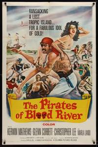 1r678 PIRATES OF BLOOD RIVER 1sh '62 great art of Kerwin Mathews carrying sexy babe, Hammer!