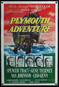 1r685 PLYMOUTH ADVENTURE 1sh '52 Spencer Tracy, Gene Tierney, cool art of ship at sea!