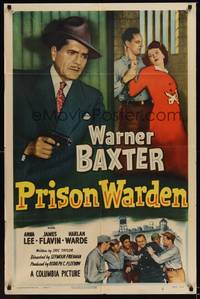 1r701 PRISON WARDEN 1sh '49 Warner Baxter with gun, pretty Anna Lee in trouble!