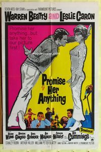 1r705 PROMISE HER ANYTHING 1sh '66 art of Warren Beatty w/fingers crossed & pretty Leslie Caron!