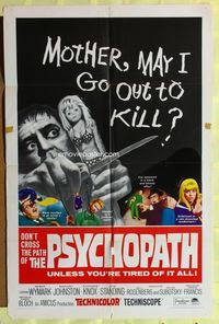 1r709 PSYCHOPATH 1sh '66 Robert Bloch, wild horror image, Mother, may I go out to kill?