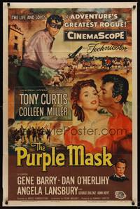 1r711 PURPLE MASK 1sh '55 art of masked avenger Tony Curtis w/pretty Colleen Miller!