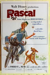 1r727 RASCAL 1sh '69 Walt Disney, great art of Bill Mumy on bike with raccoon & dog!