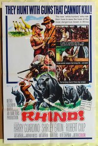 1r741 RHINO 1sh '64 Robert Culp, Shirley Eaton, Reynold Brown art of stampeding rhinos!