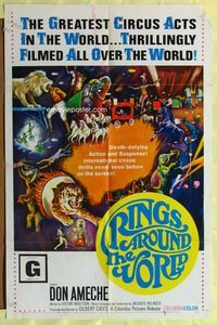 1r744 RINGS AROUND THE WORLD 1sh '66 Don Ameche, cool art of the greatest circus acts in the world