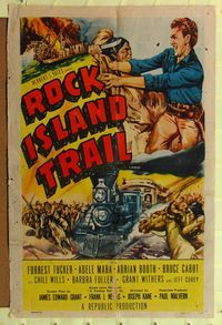 1r757 ROCK ISLAND TRAIL 1sh R56 Forrest Tucker vs Native Americans, cool train art!