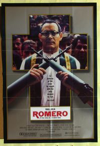 1r764 ROMERO 1sh '89 Archbishop Raul Julia faces guns in El Salvador!!