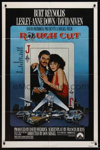 1r768 ROUGH CUT 1sh '80 Don Siegel, Burt Reynolds, sexy Lesley-Anne Down, playing card art!