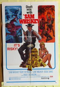 1r773 SAM WHISKEY 1sh '69 art of Burt Reynolds & sexy Angie Dickinson by huge pile of gold!