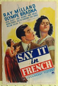 1r778 SAY IT IN FRENCH style A 1sh '38 artwork of Ray Milland & Olympe Bradna close up!