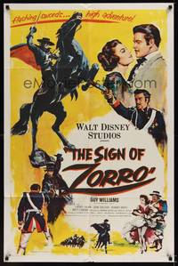 1r830 SIGN OF ZORRO 1sh '60 Walt Disney, cool art of masked hero Guy Williams on horseback!