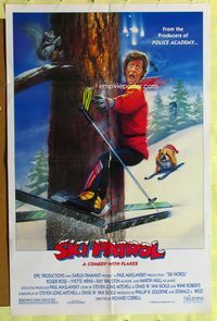 1r841 SKI PATROL 1sh '90 wacky image of skiier hitting tree, bulldog on skis!