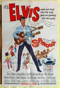 1r865 SPINOUT 1sh '66 Elvis playing a double-necked guitar, foot on the gas & no brakes on the fun