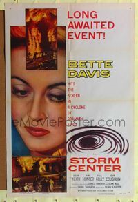 1r877 STORM CENTER 1sh '56 close-up artwork of Bette Davis, scenes of firemen vs. inferno!