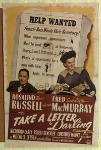 1r891 TAKE A LETTER DARLING 1sh '42 Rosalind Russell is Fred MacMurray's boss!