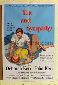 1r897 TEA & SYMPATHY 1sh '56 great artwork of Deborah Kerr & John Kerr by Gale, classic tagline!