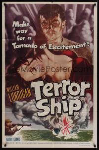 1r904 TERROR SHIP 1sh '54 William Lundigan, make way for a tornado of excitement, cool art!