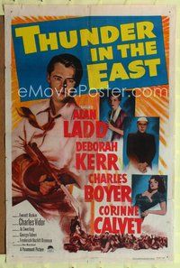 1r911 THUNDER IN THE EAST 1sh '53 art of Alan Ladd with tommy gun, Deborah Kerr, Charles Boyer!