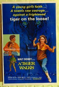 1r913 TIGER WALKS style B 1sh '64 Disney, Brian keith, Vera Miles, great tiger artwork!