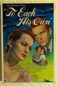 1r917 TO EACH HIS OWN style A 1sh '46 great close up art of pretty Olivia de Havilland & John Lund!