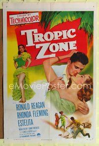 1r931 TROPIC ZONE 1sh '53 great art of Ronald Reagan romancing Rhonda Fleming, plus sexy Estelita!