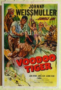 1r954 VOODOO TIGER 1sh '52 cool action art of Johnny Weissmuller as Jungle Jim!