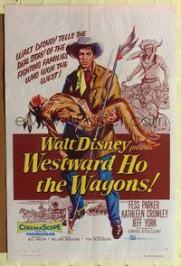 1r967 WESTWARD HO THE WAGONS 1sh '57 artwork of cowboy Fess Parker holding Native American!