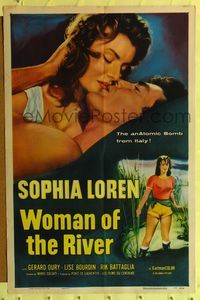 1r984 WOMAN OF THE RIVER 1sh '56 sexy full-length art of Sophia Loren & kiss close up too!