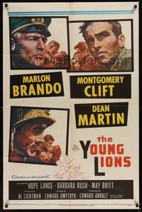 1r998 YOUNG LIONS 1sh '58 art of Nazi Marlon Brando, Dean Martin & Montgomery Clift!