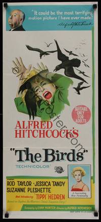 1s382 BIRDS Aust daybill '63 Alfred Hitchcock, stone litho art of Tippi Hedren attacked by birds!