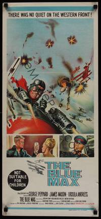 1s384 BLUE MAX Aust daybill '66 great artwork of WWI fighter pilot George Peppard in airplane!